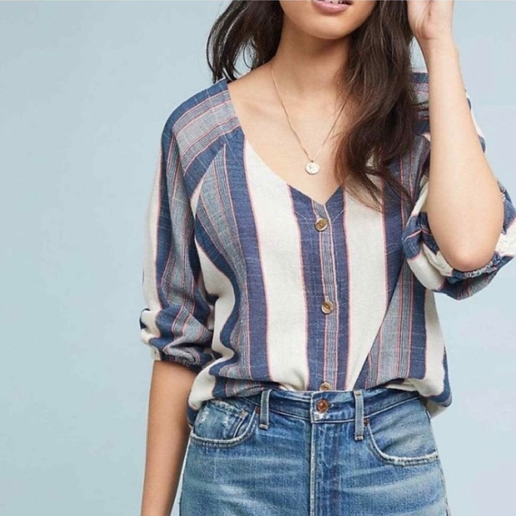 Cloth & Stone For Anthropologie | Women’s Cream/Blue 3/4 Sleeve Vneck Top Sz Xs